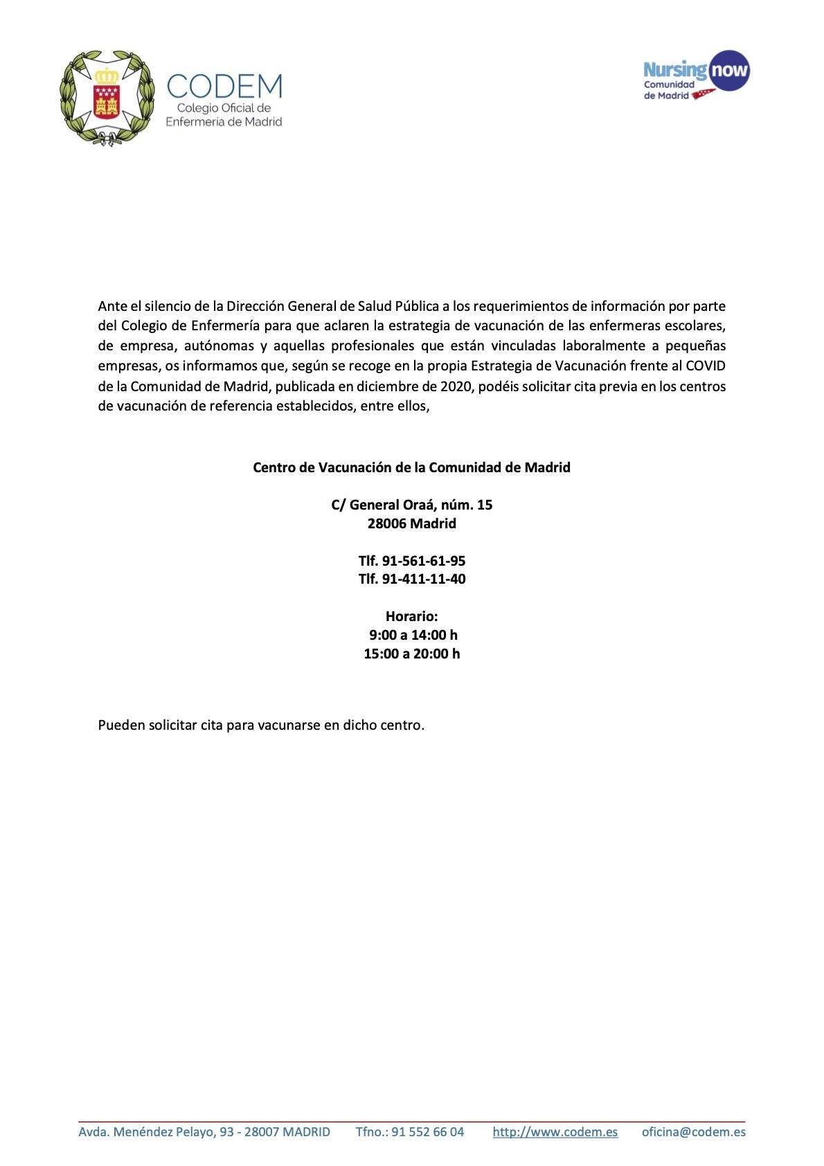 Vacunas COVID para enfermeras en Madrid cita previa en los centros de